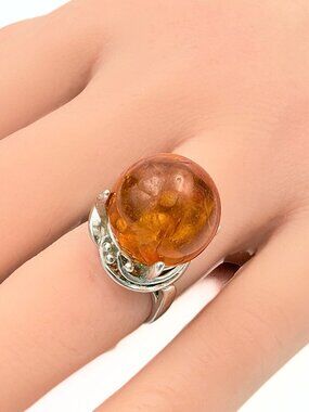 Antique Art Deco Marked Sterling Silver Round Baltic Amber Cocktail Ring Sz 5.5
